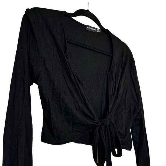 PrettyLittleThing Tie Front Jersey Long Sleeve Stretch Cropped Top Black Size 12 - Picture 1 of 5